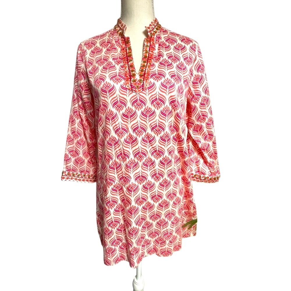 Foxcroft Beaded Pink Wrinkle Free Stretch Tunic‎ Women's 8